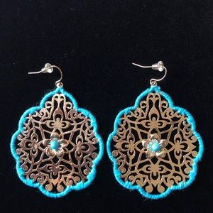 (3/$10) Gold tone earrings with turquoise silk thread trim